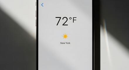 Close-up of a smartphone displaying the current temperature and weather conditions in New York City.