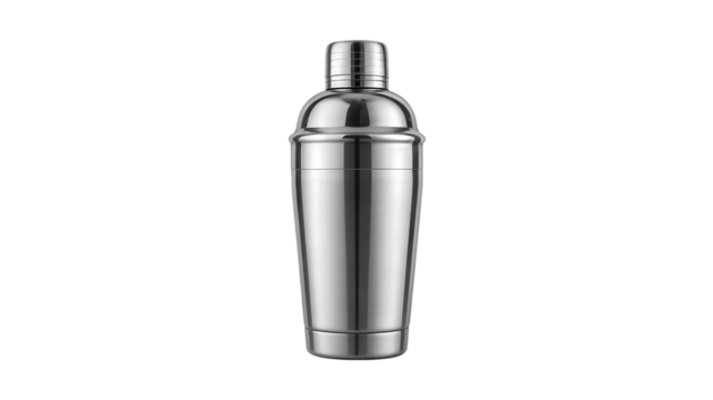 Classic stainless steel cocktail shaker for bartending and mixology isolated on transparent background