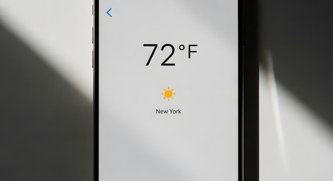 Close-up of a smartphone displaying the current temperature and weather conditions in New York City.