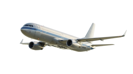 Modern commercial passenger jet airplane with twin engines flying through the sky isolated on transparent background