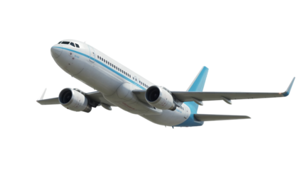 Modern passenger jet airplane with distinctive blue accents soaring upwards against a stark black backdrop isolated on transparent background