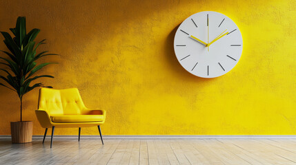 Large minimalist wall clock with a clean white face, no numbers, and bold yellow hands, combining modern simplicity with a striking, contemporary accent