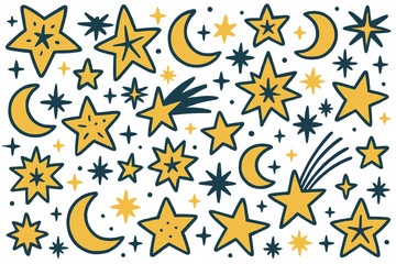 Celestial doodle set with hand-drawn stars, crescent moons, comets. Modern night sky pattern. Cosmic space vector illustration for kids. Abstract galaxy elements background.