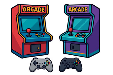 Retro arcade machine and modern game controller. Vector set for gaming concept. Nostalgic 80s and 90s video game cabinet. Gamer joystick and gamepad flat illustration.