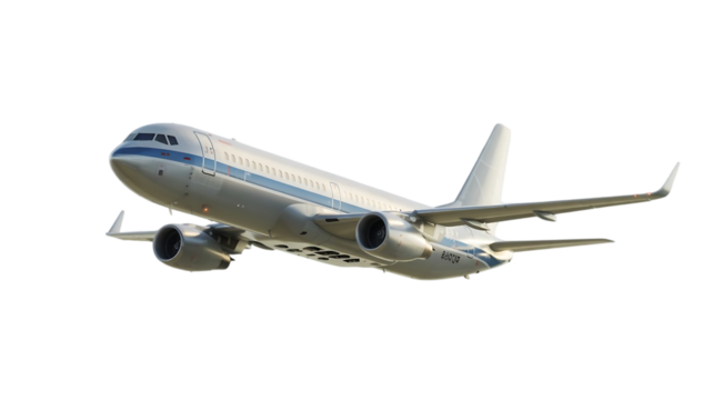 Modern commercial passenger jet airplane with twin engines flying through the sky isolated on transparent background