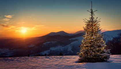 festive christmas tree with a mountainous background at sunset