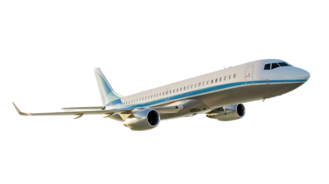 Modern passenger jet airplane with sleek design and white fuselage flying against a dark background isolated on transparent background