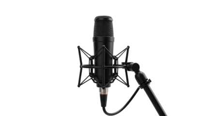 Professional black condenser microphone with shock mount and cable isolated on transparent background for recording vocals or instruments