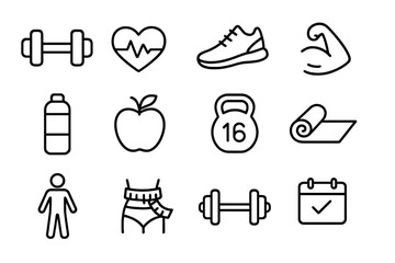 Fitness and health outline icon set, exercise and wellness gym symbols, vector cartoon illustration, transparent background, ordered fitness and lifestyle icons