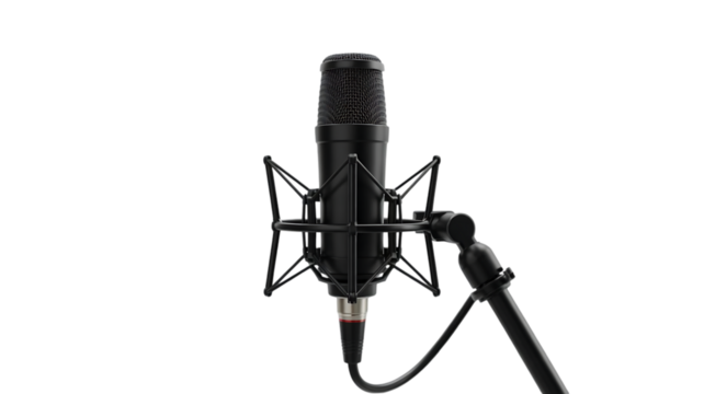 Professional black condenser microphone with shock mount and cable isolated on transparent background for recording vocals or instruments