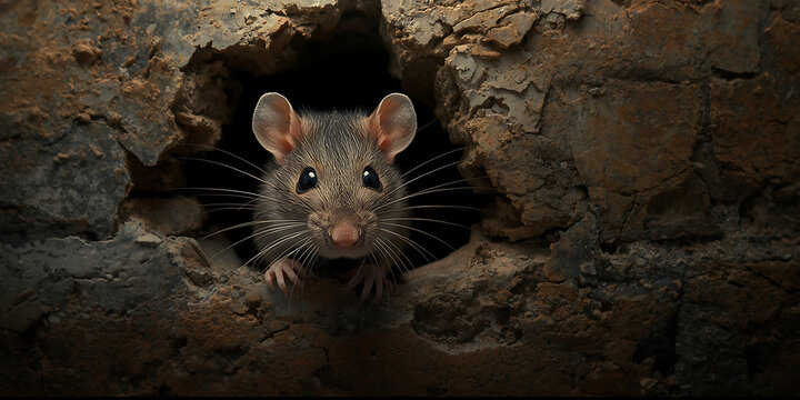 Little mouse hiding inside opening of stone wall