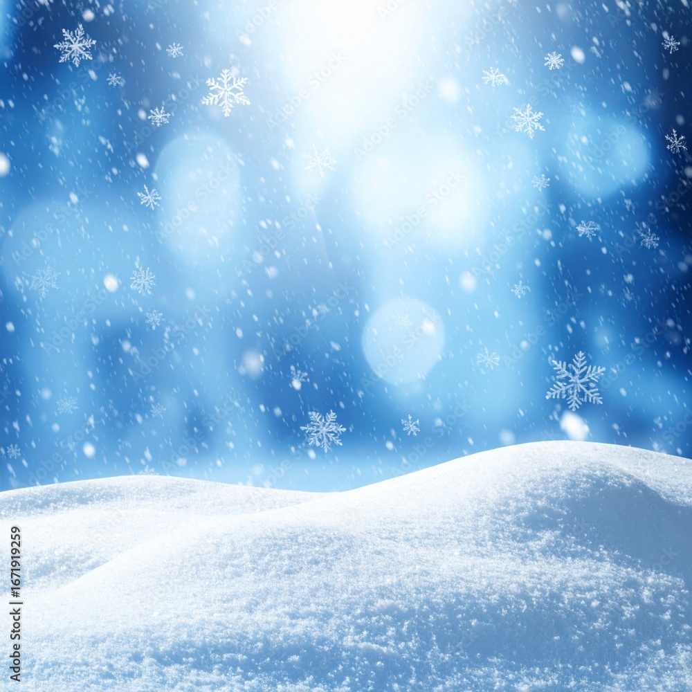 Poster snowdrift under a gentle snowfall with blue bokeh background and snowflake ornaments