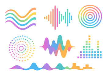 Sound wave vector set. Colorful abstract audio signals, music equalizer, voice waveform, frequency spectrum. Radio waves, sonic vibration & circular ripple graphic elements.
