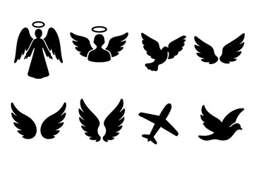 Angel flight silhouette icon set. Winged bird and aviation symbols. Heaven, holy, spirit, and peace dove icons. Religious, christianity, and memorial design elements. Fly.
