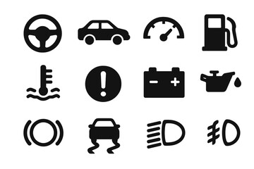 Car dashboard warning light icon set. Automotive vehicle instrument panel symbols. Flat silhouette vector glyphs for indicators like battery, oil, engine temperature, and gas.