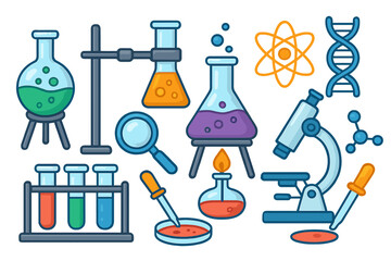 Colorful Laboratory Equipment with Scientific Tools, Chemistry Flasks, Microscope, DNA Helix, Petri Dish, Molecular Structures, and Research Symbols in Modern Science Lab Vector Cartoon Illustration