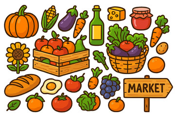 Farmers market food set. Cartoon vector illustration collection. Fresh organic produce, vegetables and fruits icons. Harvest grocery concept. Local farm products illustration.