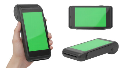 Hand holding a black mobile payment terminal with a green screen, alongside two additional views of the same device.