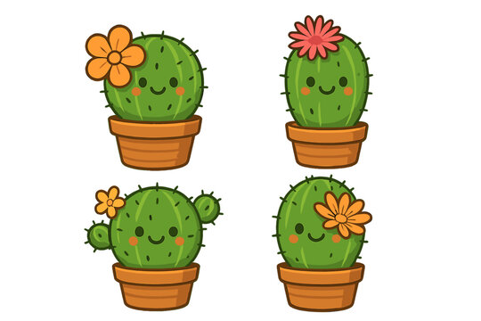 Collection of cute kawaii cactus characters in pots with flowers. Vector illustration of smiling succulent plants for stickers, home decor, or gardening themes. Cartoon mascot set.