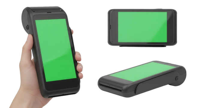 Hand holding a black mobile payment terminal with a green screen, alongside two additional views of the same device.