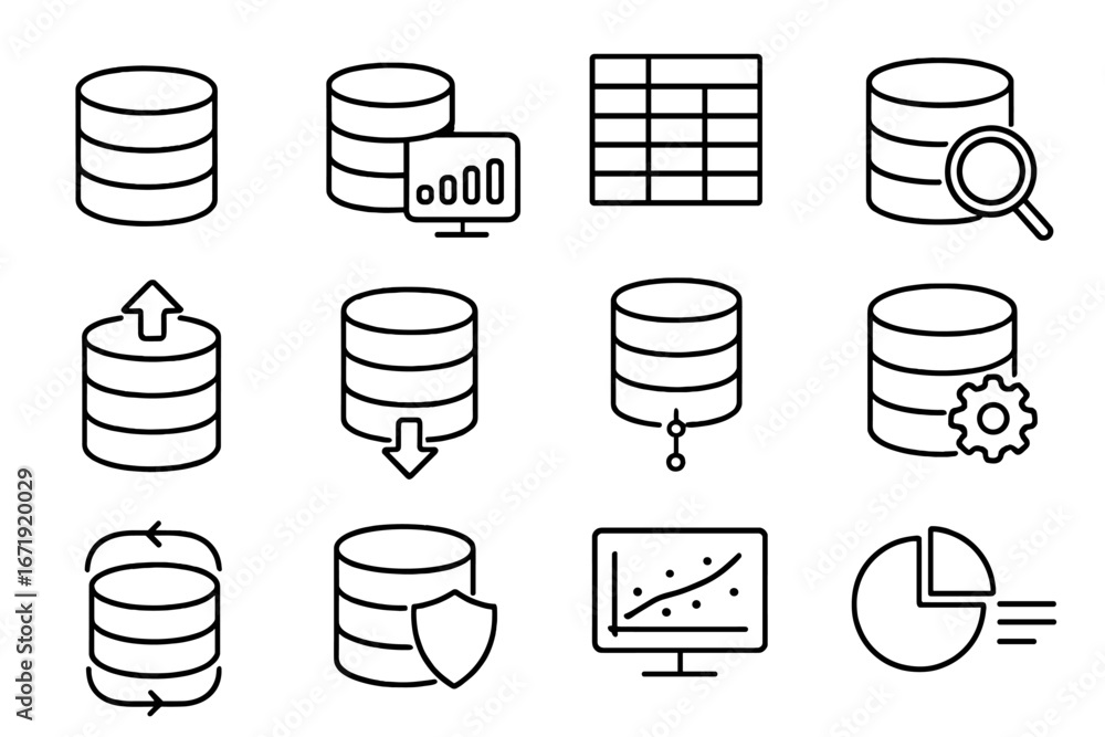 Wall mural data and database line icon set. big data analysis, storage, and server symbols. vector pictogram co