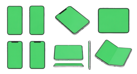 A collection of digital devices, including smartphones and tablets, displayed with green screens in various orientations and perspectives against a white background.