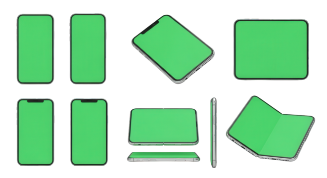 A collection of digital devices, including smartphones and tablets, displayed with green screens in various orientations and perspectives against a white background.