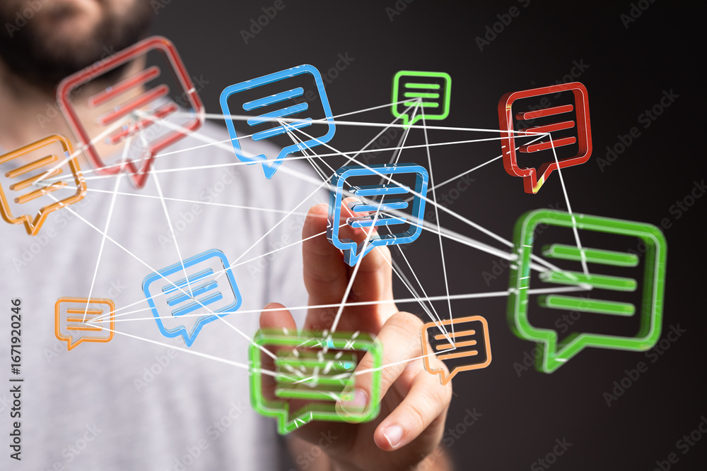 Poster visual representation of interconnected communication, highlighting global networking and message ex
