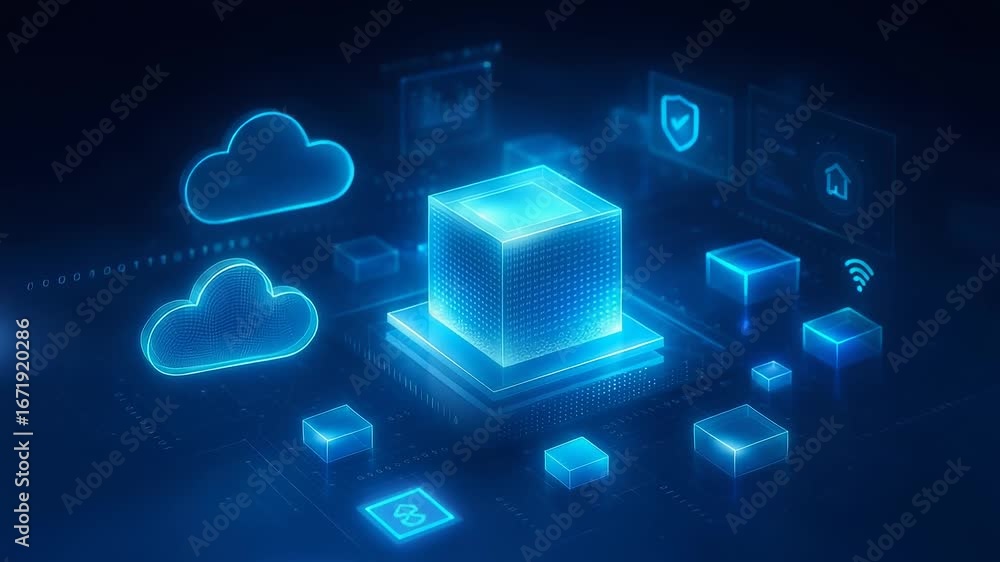 Poster cube cloud shield blocks digital network icons blue technology scene