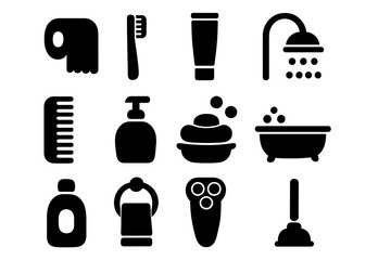 Bathroom essentials solid icons set. Vector silhouettes of toiletries and hygiene items. Personal care and grooming symbols like soap, shower, razor, and toilet paper.