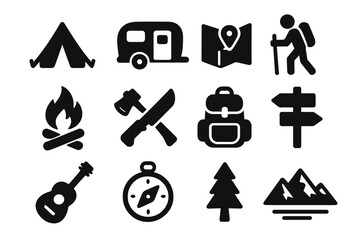 Vector collection of camping and hiking silhouette icons. Outdoor adventure and travel symbols. Set includes tent, campfire, map, compass, backpack, mountains, and camper van.
