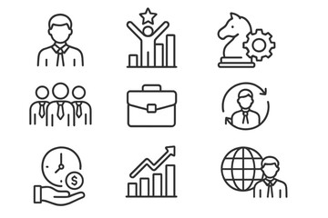 Business management icons set. Line symbols for corporate strategy, teamwork, success and growth. Vector pictograms for global business, finance, time management and leadership.