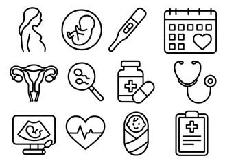 Medical pregnancy line icon set, healthcare motherhood symbols, fetal development essentials vector, prenatal care illustration, maternity and newborn health icons