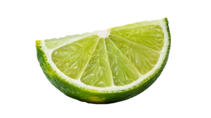 A vibrant green lime wedge with visible juicy segments and white rind isolated on transparent background