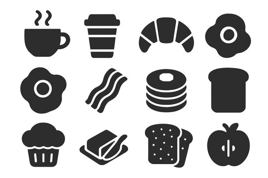 Breakfast food and morning beverage solid glyph icon set. Cafe menu items vector illustration. Contains icons like coffee, egg, bacon, pancakes, toast, and croissant.