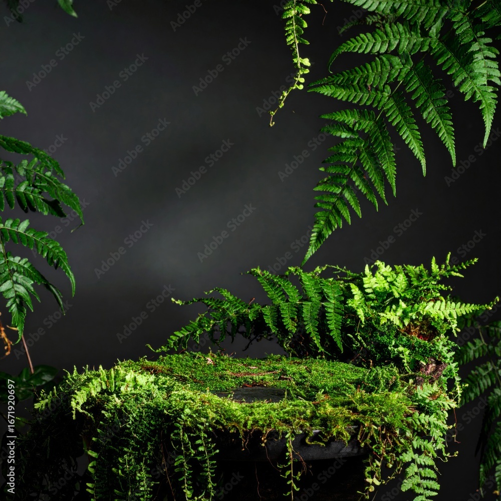 Poster lush green moss and ferns display with a dark background for product showcase