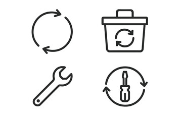 Circular economy icons. Outline icon set of concepts like loop arrows for recycling, take-back box, repair wrench, and refurbish screwdriver. Sustainable vector graphics.