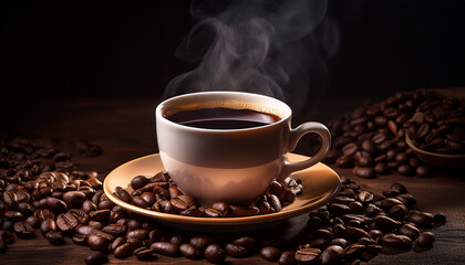 a steaming cup of black coffee sits on a saucer beside scattered roasted coffee beans in low moody lighting