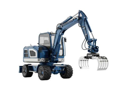A sleek, deep metallic blue, ultra-modern compact wheeled excavator with a multi-jointed robotic arm and hydraulic grapple, centered on a transparent studio background, emphasizing high-tech
