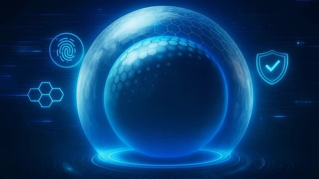Glowing Sphere Fingerprint Shield Hexagon Icons Blue Digital Background - Powered by Adobe