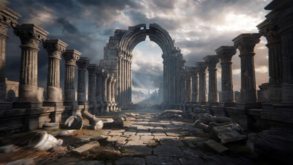 Ancient roman ruins with crumbling columns and a grand archway under a dramatic sky