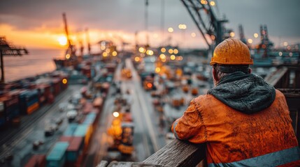 Naklejka premium A worker in hardhat watches a busy port full of containers at dusk. Use it to show industry, global trade, or working conditions.