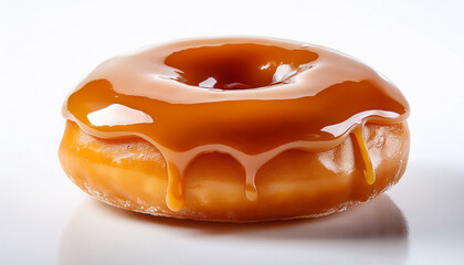 a glossy caramel glazed donut rests against a white background showcasing its soft texture and inviting appearance ideal for food blogs advertisements or dessert menus