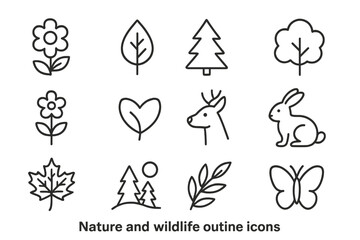 Fototapeta premium Nature and Wildlife Outline Icon Set, Floral Leaf Forest Elements in Line Style, Vector Cartoon Illustration with Transparent Background, Ordered Set 4