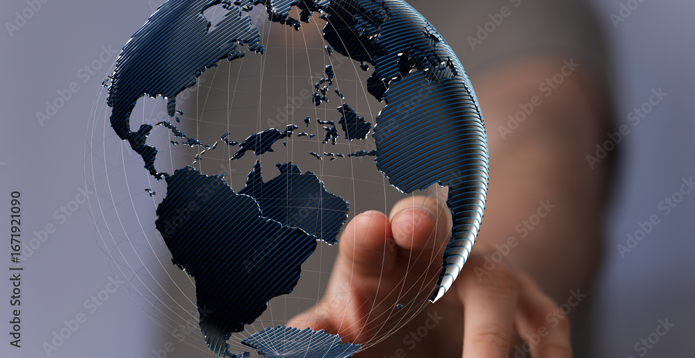 Aufkleber high-quality stock photo of a hand interacting with a digital 3d model of the earth, representing gl