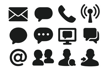 Communication icon set with solid glyph symbols. Vector collection of messaging, contact, and interaction silhouettes including email, chat bubble, phone, and user profile.