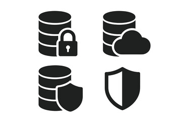 Database solid icon set. Data security, cloud storage, server protection. Vector glyph collection with lock, shield for privacy concepts. Information technology hosting symbol.