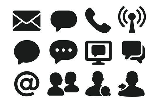 Communication icon set with solid glyph symbols. Vector collection of messaging, contact, and interaction silhouettes including email, chat bubble, phone, and user profile.