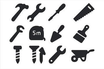 Construction tools icon set. Solid glyph symbols for building, home improvement, and repair. Vector silhouettes of hammer, wrench, saw, and workshop equipment. DIY concept.