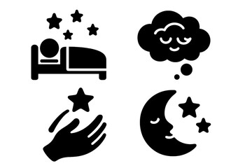 Cosmic dreams solid glyph icon set. Sleep and fantasy concept. Sleeping in bed under stars, dream cloud, wish upon a star, and moon. Celestial vector illustration.